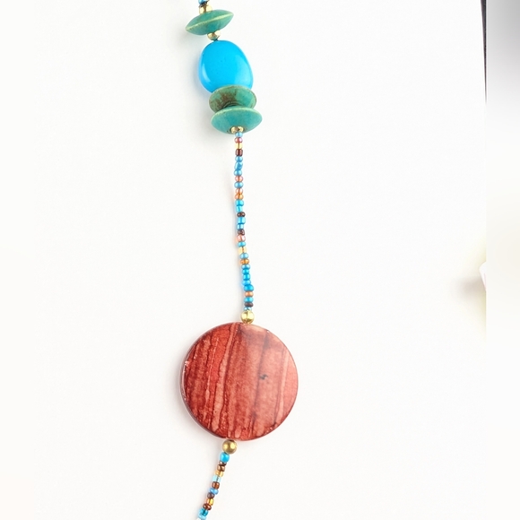Funky Turquoise And Rust Colored Beaded Necklace - Picture 2 of 5